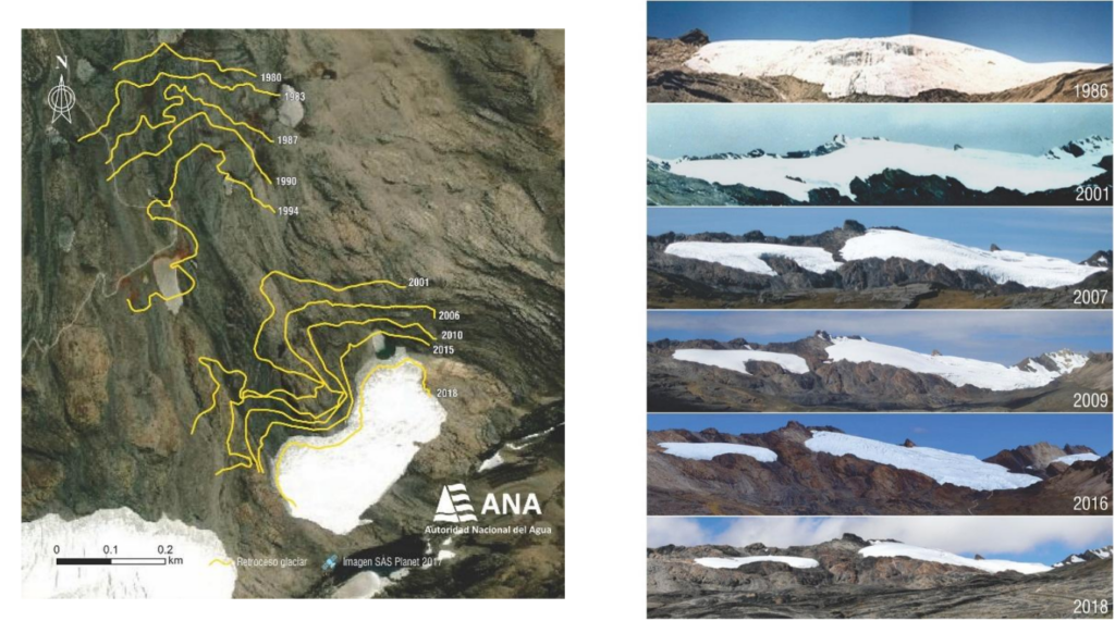 Retroceso glaciar del Pastoruri. El nevado está camino a su desaparición. Fuente: Autoridad Nacional del Agua. 